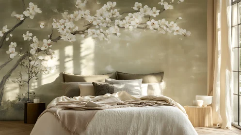 Blossom-kissed sanctuary bed under soft morning hush.