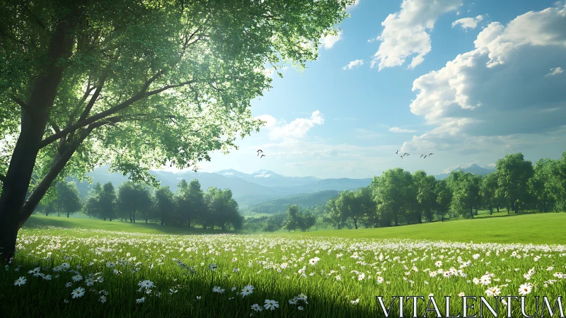 Tree lined meadow with distant mountains under daylight sky.