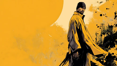 Urban figure in golden coat confronts a splattered dusk sky.