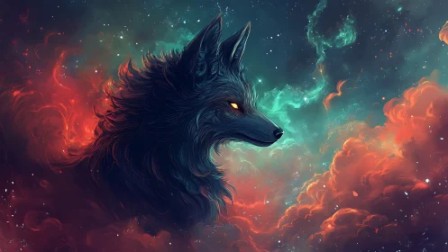 Cosmic wolf silhouette glows within swirling nebula clouds.