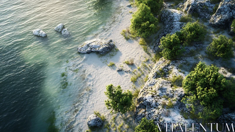 Rocky coastline with turquoise water and dense green vegetation