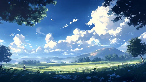 Sunlit meadow and distant mountain under friendly skies.