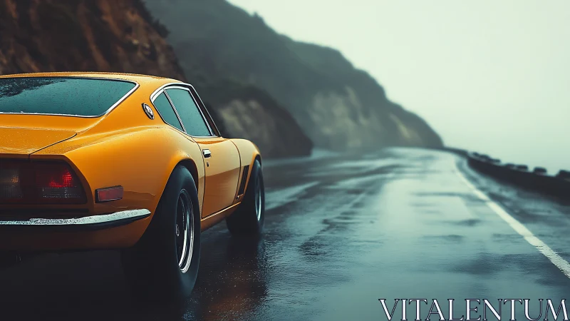 Vintage yellow coupe on wet coastal highway in misty light.