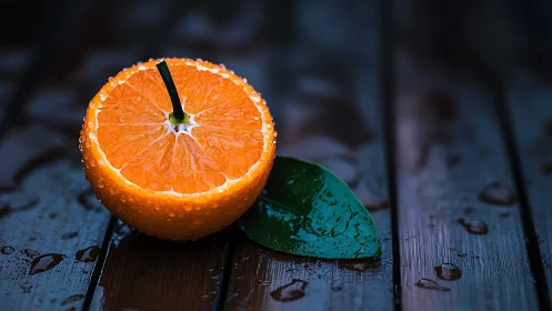 Photorealistic citrus study on wet wood with macro depth control.