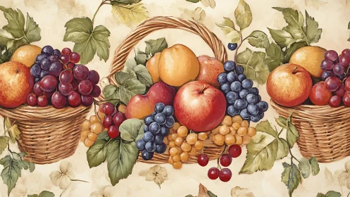 Orchard fruit baskets rendered in warm classical watercolor