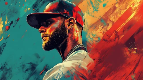 Baseball player portrait stands in vivid abstract colors