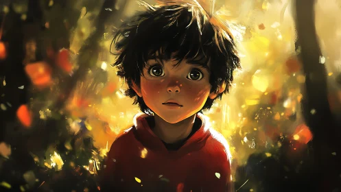 Soft autumn light surrounds wide-eyed child in forest.