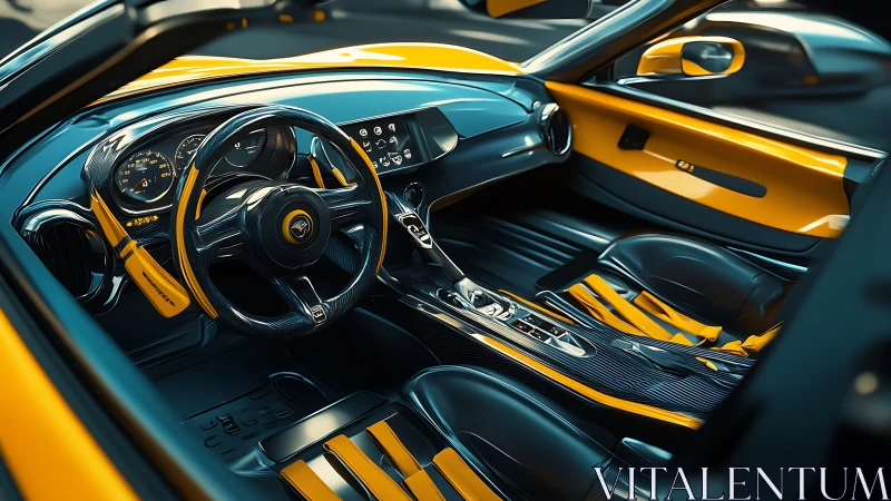Futuristic yellow supercar cockpit glows with refined luxury