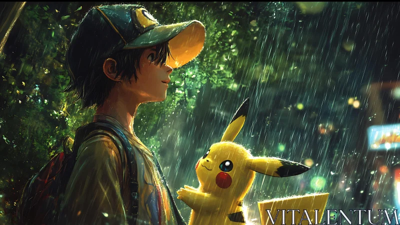 Rain-soaked trainer and Pikachu under glowing city storm.