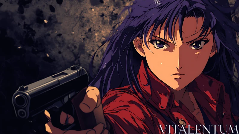 Determined anime heroine confronts danger with drawn pistol
