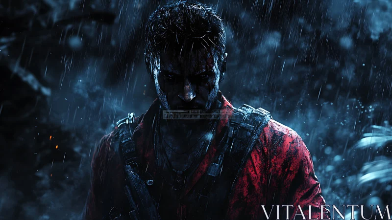 Bloodied soldier in red shirt standing in heavy rain