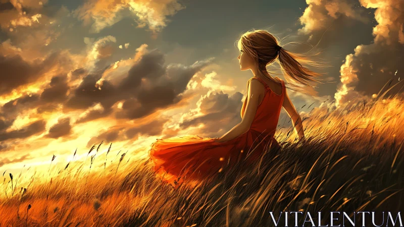 Golden hour breeze with a girl resting in sunset grass.