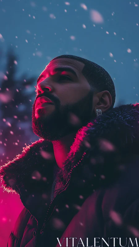 Moody winter portrait in neon pink and blue snowfall glow.