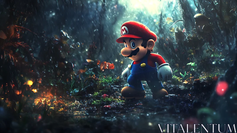 Mario character walks through dense rainy forest environment