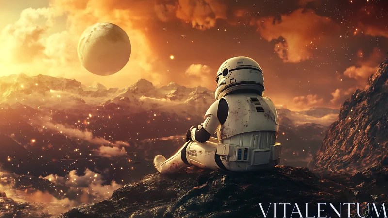 Lone space trooper daydreams under molten sunset skies.