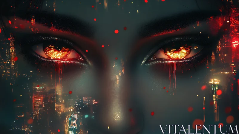Burning cybernetic eyes over neon futuristic cityscape.