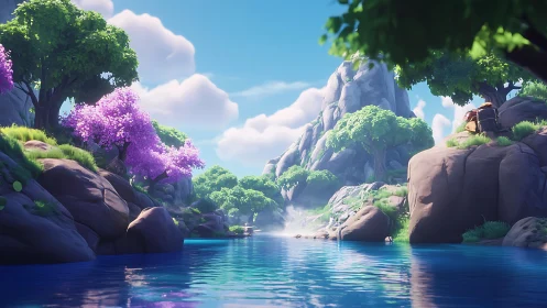 Luminous Canyon Landscape with Crystalline Waters and Flowering Vista