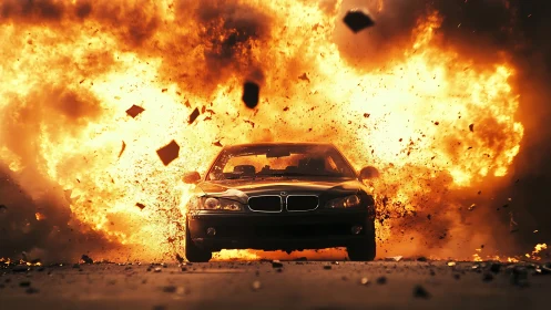 High-velocity BMW sedan executing detonation sequence with ballistic debris projection