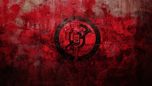 Grungy red wall shows dark circular emblem at center.