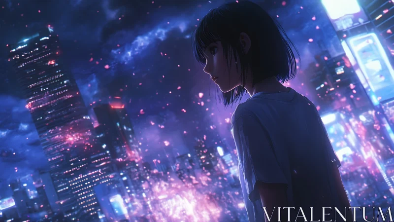 Cyberpunk skyline study with reflective anime protagonist profile.