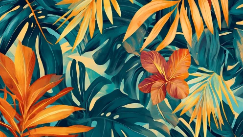 Tropical leaves glow in teal and burnt orange contrast