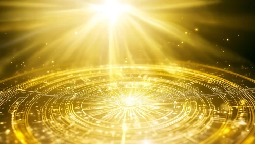 Radiant golden energy circle glows with digital light beams.
