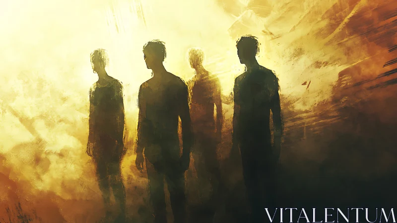 Silhouetted figures in glowing mist walk through golden haze.