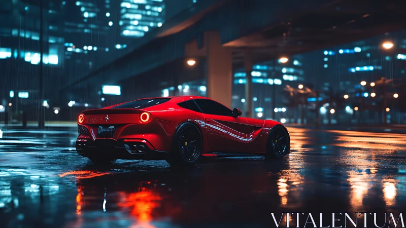 Aerodynamic red supercar under neon-lit rainy overpass.