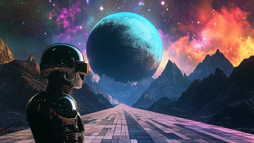 Futuristic astronaut surveys neon cosmos and vast alien world.