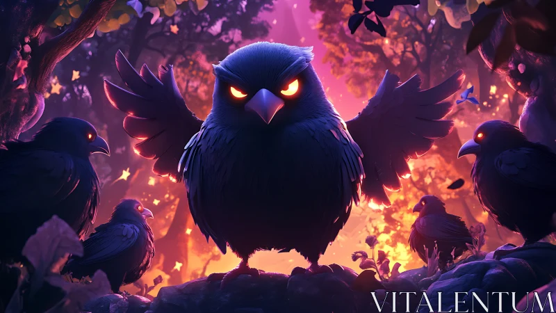 Glowing eyed crow leader commands flock in neon forest.