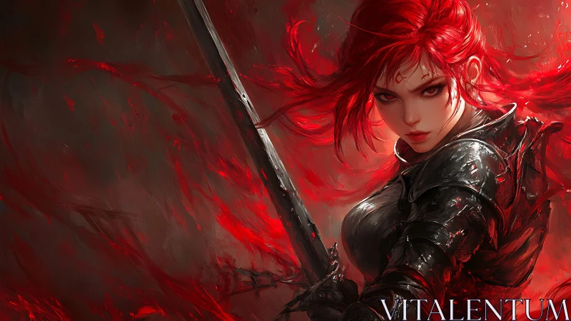 Blaze-haired swordmaiden carving fury through scarlet storm.