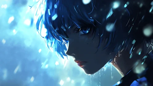 Blue rainlit gaze of a quiet storm-souled anime wanderer.
