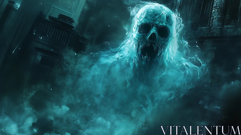 Skull-shaped spectral figure emerges within cyan volumetric fog