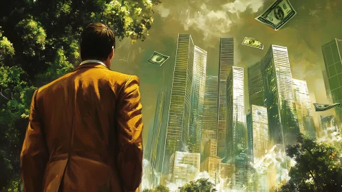 Golden-suited dreamer gazes at a soaring money cityscape.