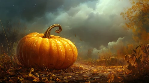 Monumental pumpkin rests in a storm-lit autumn landscape