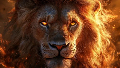 Majestic lion portrait with molten firelit golden mane
