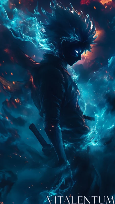 Energetic swordsman silhouette wreathed in blue spectral flame