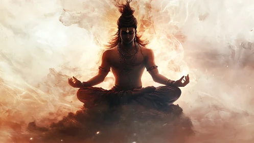 Backlit meditative deity rendered with high-contrast volumetric lighting