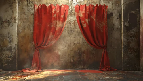 Tattered red curtains haunt a forgotten stage of shadows.