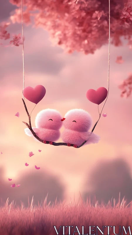 Pink Feathered Friends Swinging Together.