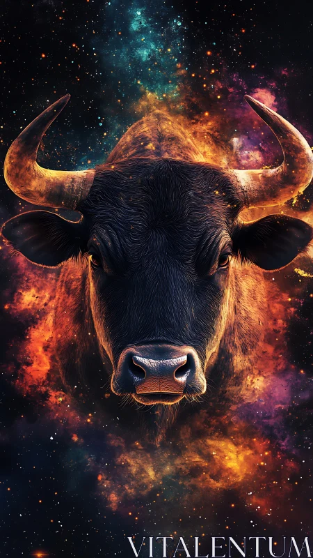 Cosmic bull emerging from vibrant nebula clouds in space.