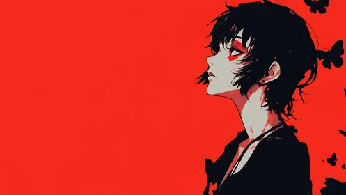 Pale anime girl gazes upward against stark red field