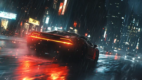 Neon rain pursuit with a cyber-sleek supercar in midnight traffic.