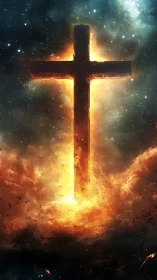 Luminous cruciform monolith emerging through stellar plasma.