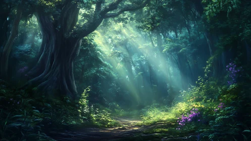 Enchanted Forest Pathway with Divine Light Rays.