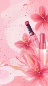 Cosmetic lip brush and gloss framed by stylized pink lilies.