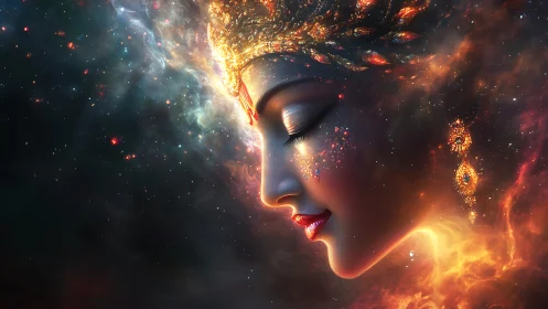Starlit goddess face drifting softly through cosmic dreams.