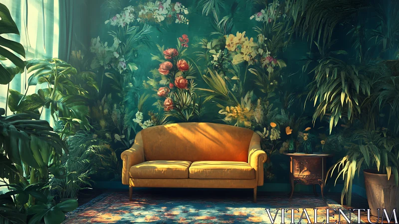 Yellow sofa in lush botanical living room interior design.