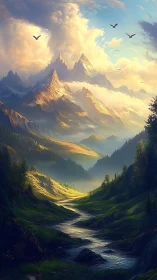 Sky-bathed mountain cathedral over a winding silver river.