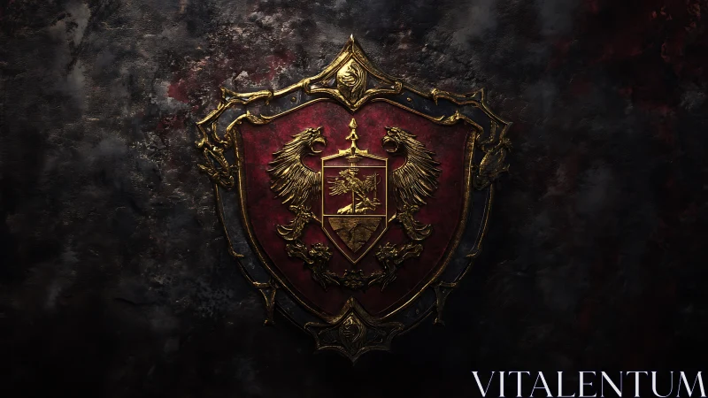Ornate crimson heraldic shield with twin golden gryphons.
